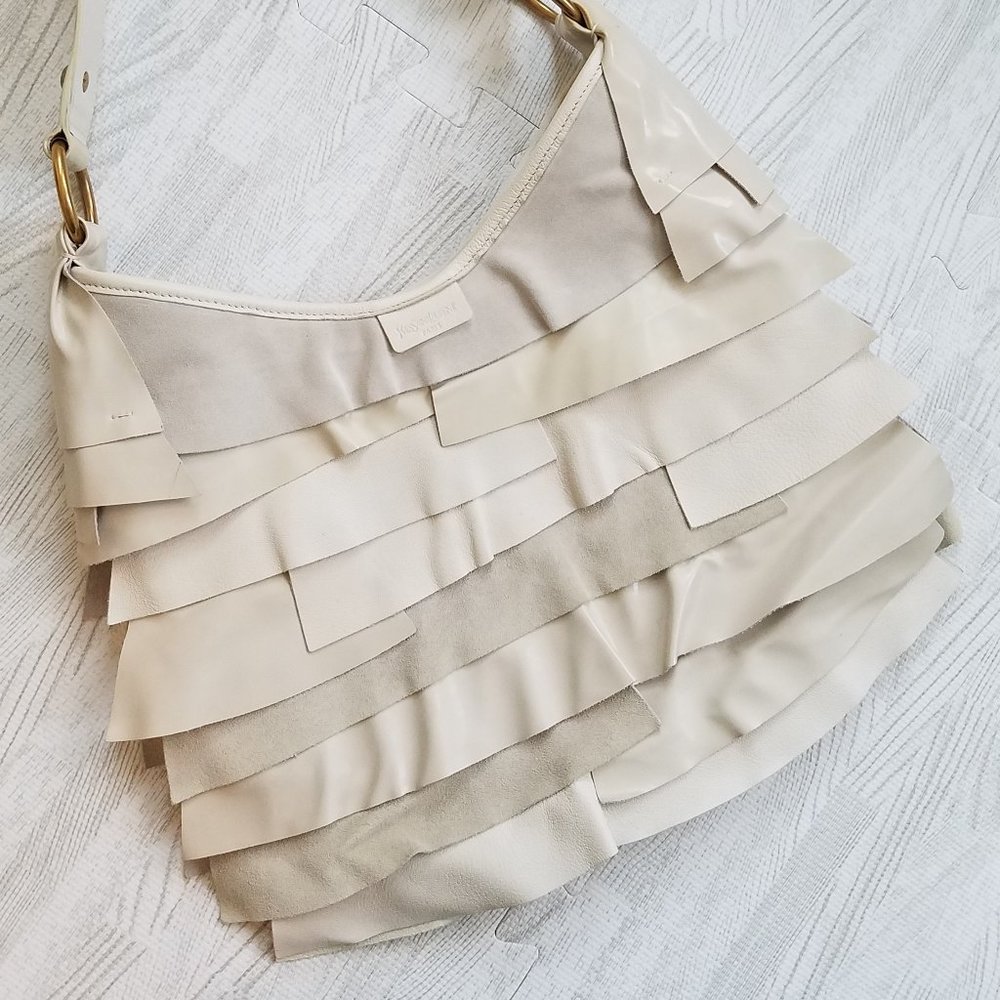 Authentic YSL Ruffle shoulder bag, cream Leather, Yves Saint Laurent Purse